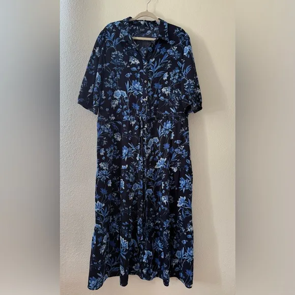 Gap puff sleeves Floral Blue Midi Dress size XL Tall
