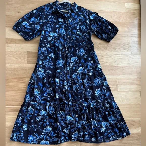 Gap puff sleeves Floral Blue Midi Dress size XL Tall