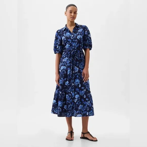 Gap puff sleeves Floral Blue Midi Dress size XL Tall