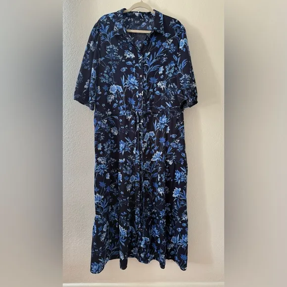 Gap puff sleeves Floral Blue Midi Dress size XL Tall