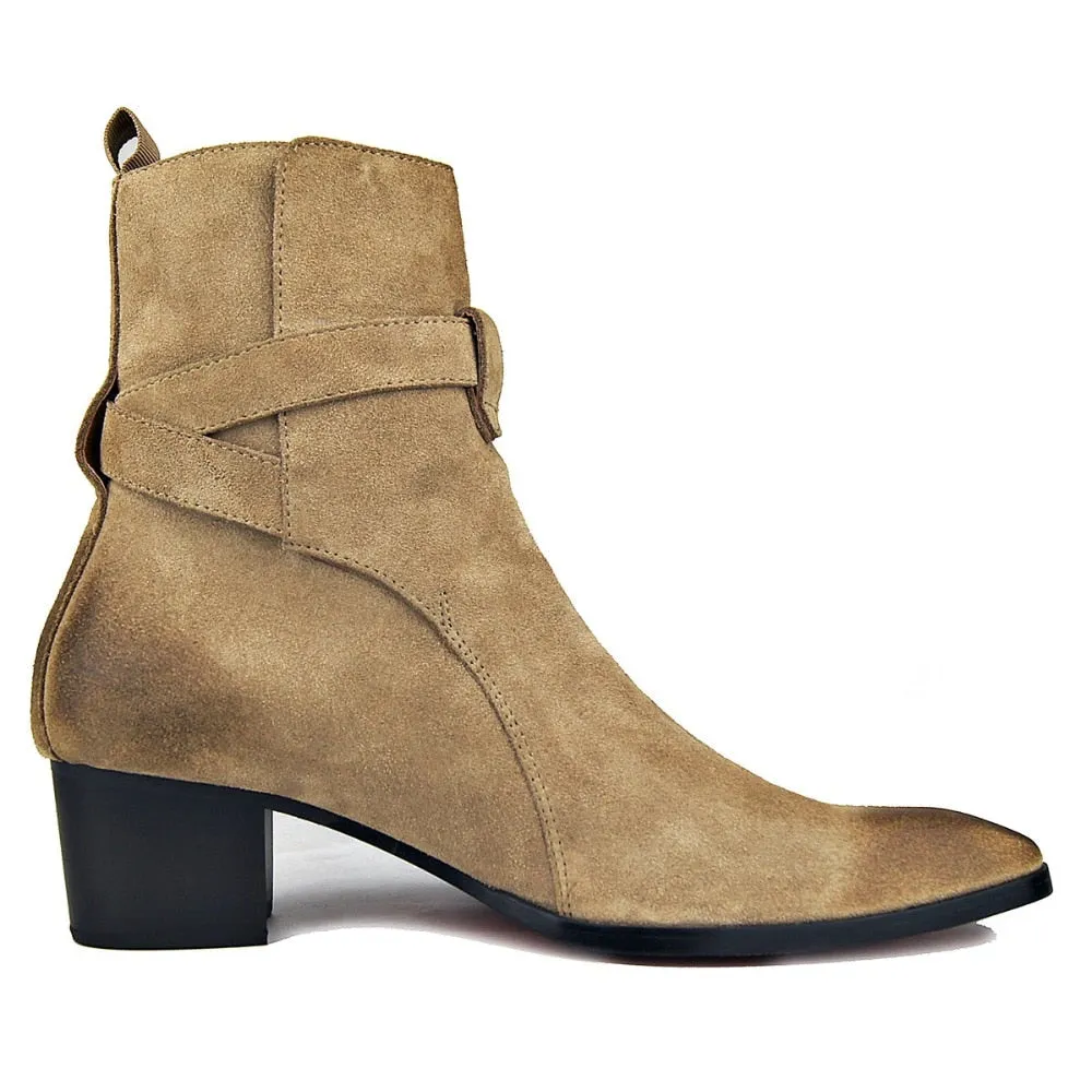 Genuine Cow Leather Suede high heel Men Boots high top Zipper fashion British style fashion men's Chelsea Boots  Hot Sales