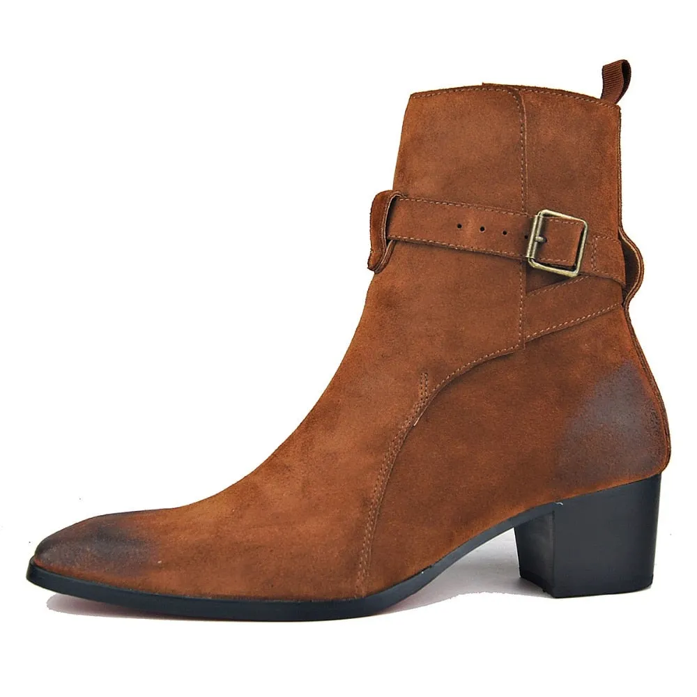 Genuine Cow Leather Suede high heel Men Boots high top Zipper fashion British style fashion men's Chelsea Boots  Hot Sales
