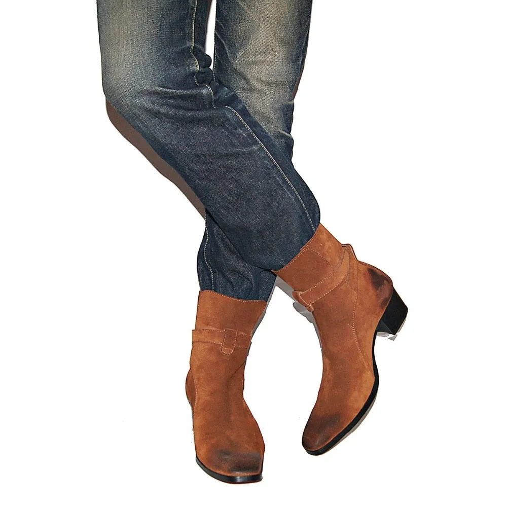 Genuine Cow Leather Suede high heel Men Boots high top Zipper fashion British style fashion men's Chelsea Boots  Hot Sales