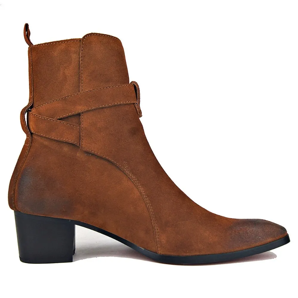 Genuine Cow Leather Suede high heel Men Boots high top Zipper fashion British style fashion men's Chelsea Boots  Hot Sales