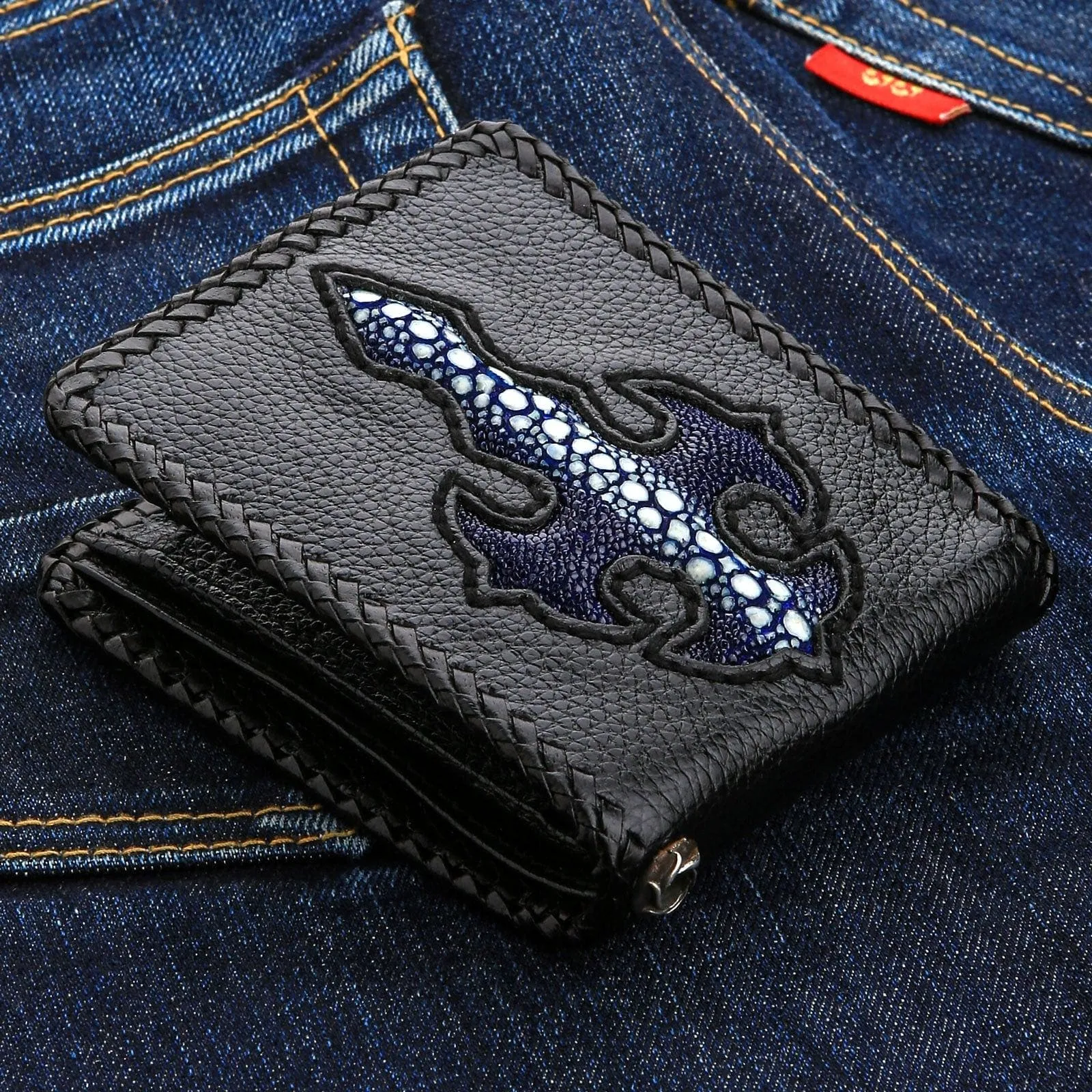 Genuine Exotic Blue Row Stingray Cross Leather Biker Wallet