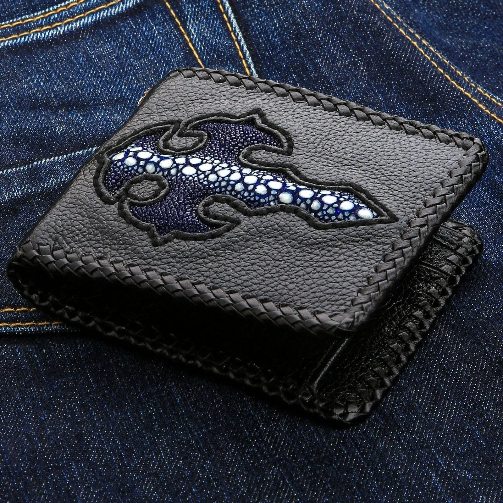 Genuine Exotic Blue Row Stingray Cross Leather Biker Wallet