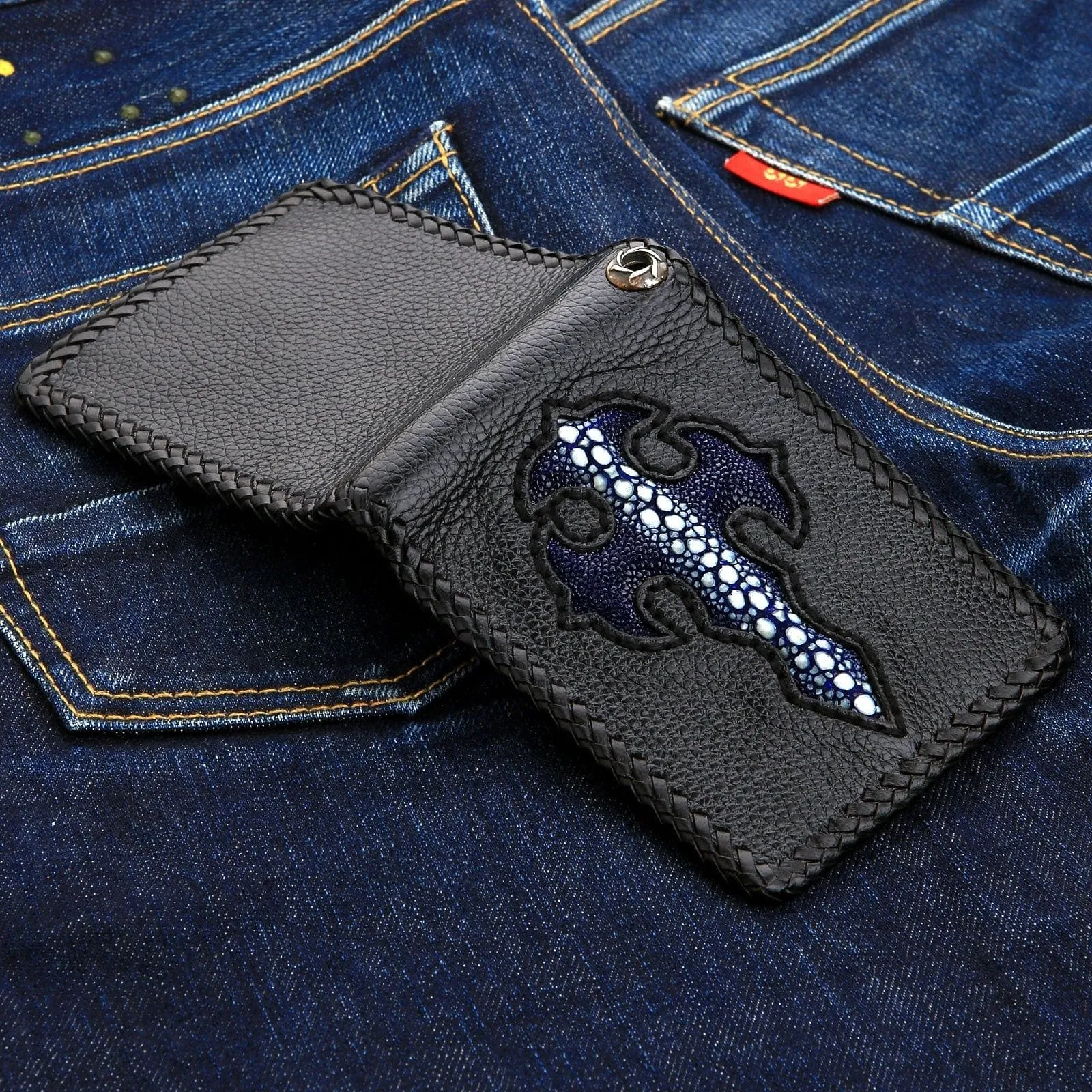 Genuine Exotic Blue Row Stingray Cross Leather Biker Wallet