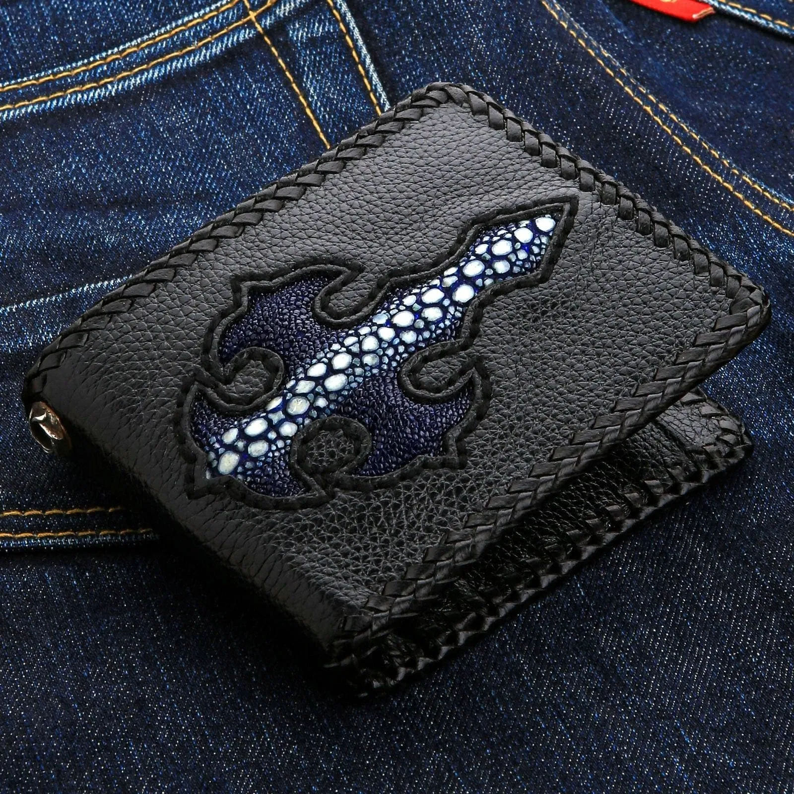 Genuine Exotic Blue Row Stingray Cross Leather Biker Wallet