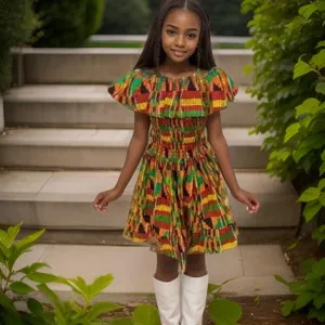 Girls African Kente Print Smoked Dress