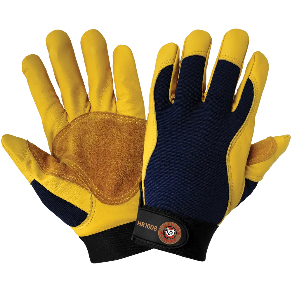 Global Glove & Safety HR1008 Hot Rod Gloves® Premium Grade Grain Calfskin Leather Double Palm Mechanics Style Gloves, Spandex Back