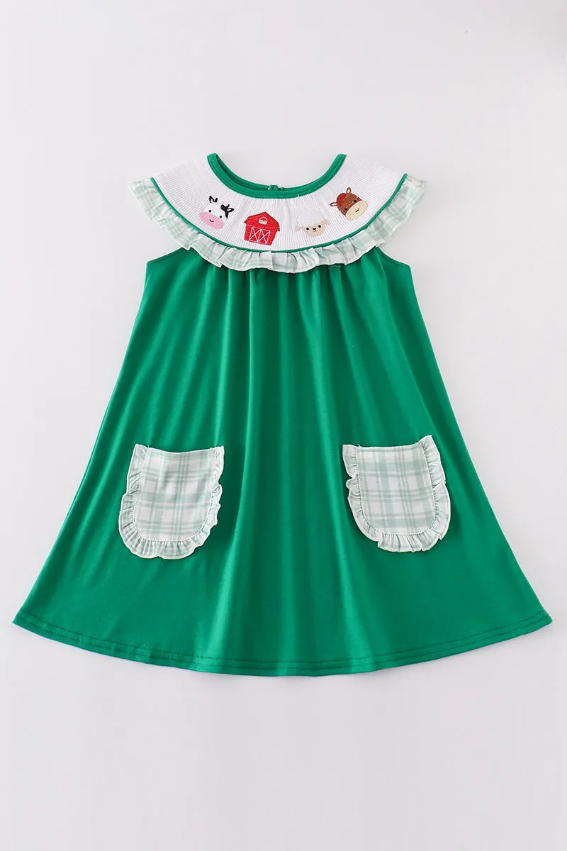 Green Farm Embroidery Smocked Girl Dress