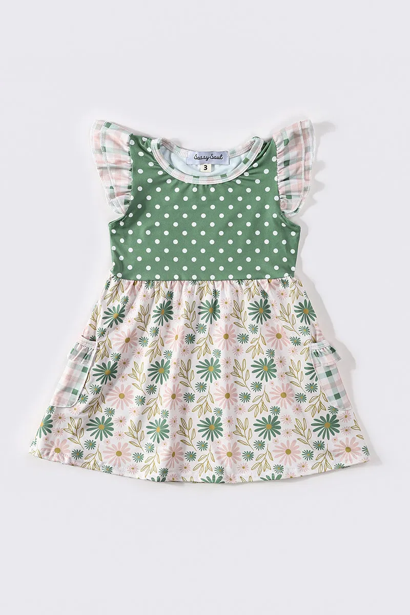 Green Floral Print Dot Dress