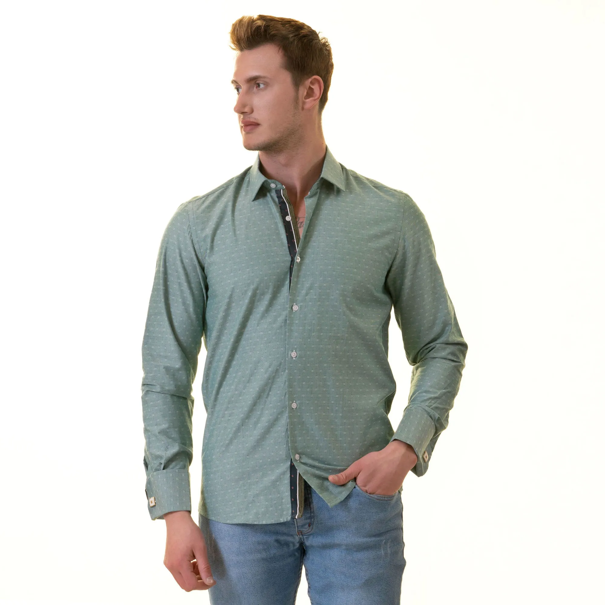 Green inside Emerald Green Printed Mens Slim Fit Designer French Cuff Shirt - tailored Cotton Shirts for Work and Casual Wear