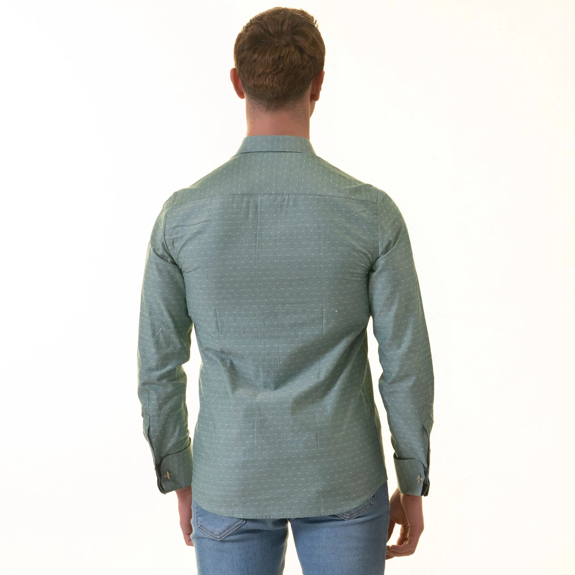 Green inside Emerald Green Printed Mens Slim Fit Designer French Cuff Shirt - tailored Cotton Shirts for Work and Casual Wear