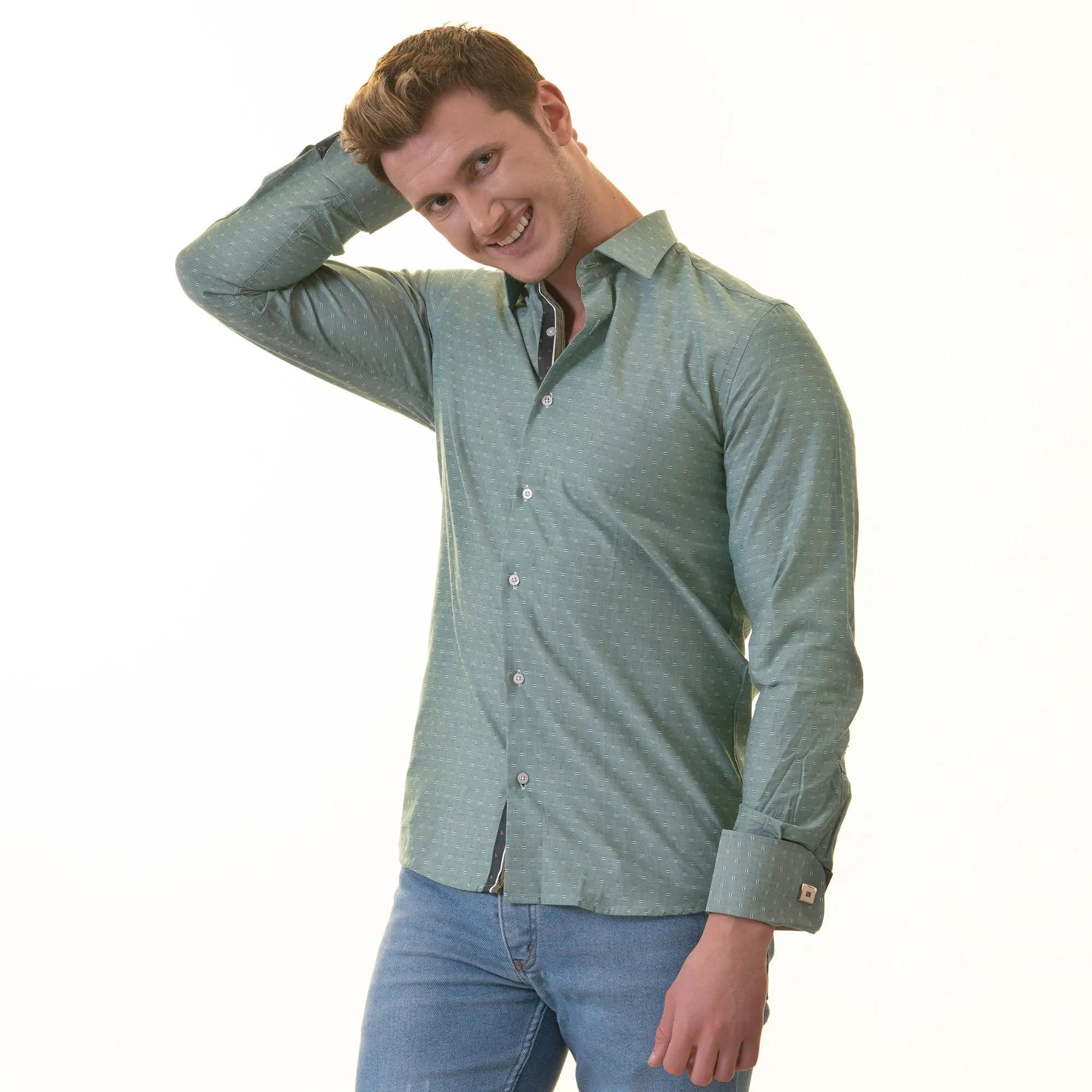 Green inside Emerald Green Printed Mens Slim Fit Designer French Cuff Shirt - tailored Cotton Shirts for Work and Casual Wear