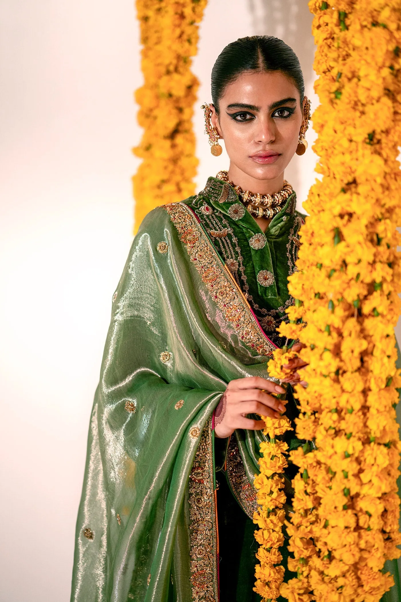 Green Mehndi Dress in Kameez Gharara and Dupatta Style