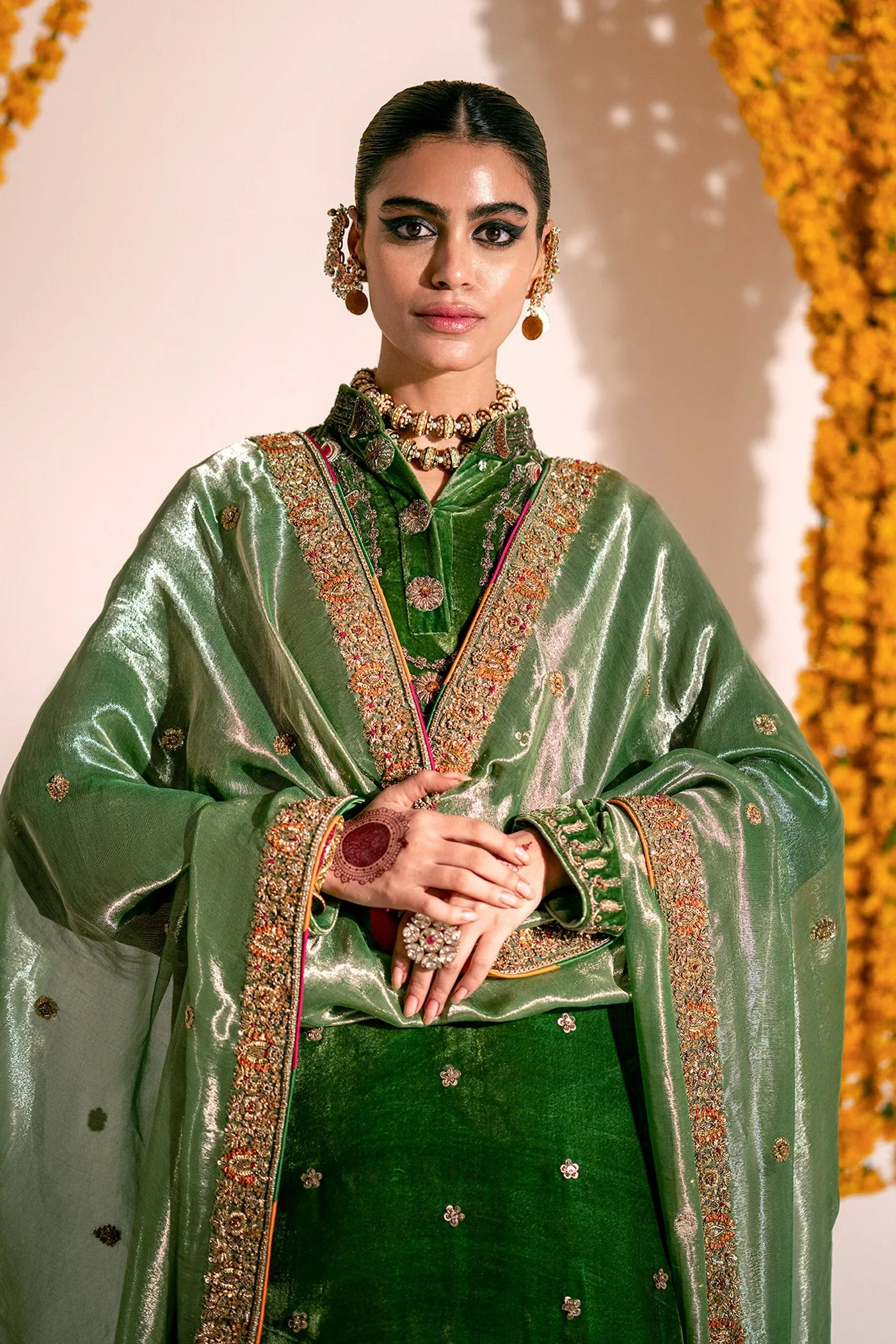 Green Mehndi Dress in Kameez Gharara and Dupatta Style