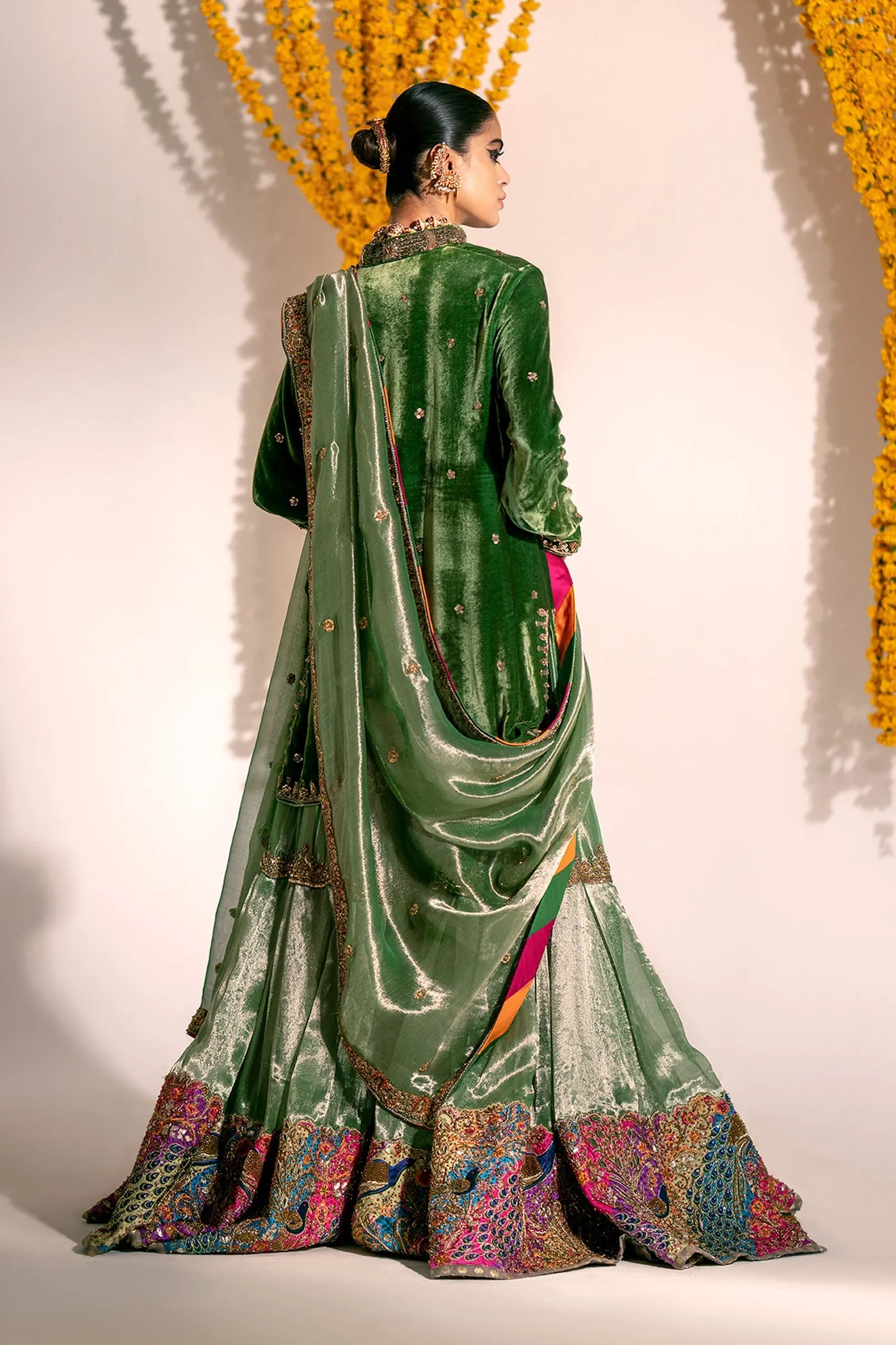 Green Mehndi Dress in Kameez Gharara and Dupatta Style