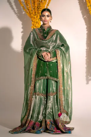 Green Mehndi Dress in Kameez Gharara and Dupatta Style