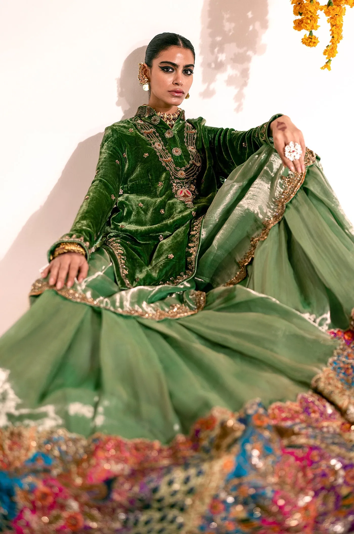 Green Mehndi Dress in Kameez Gharara and Dupatta Style