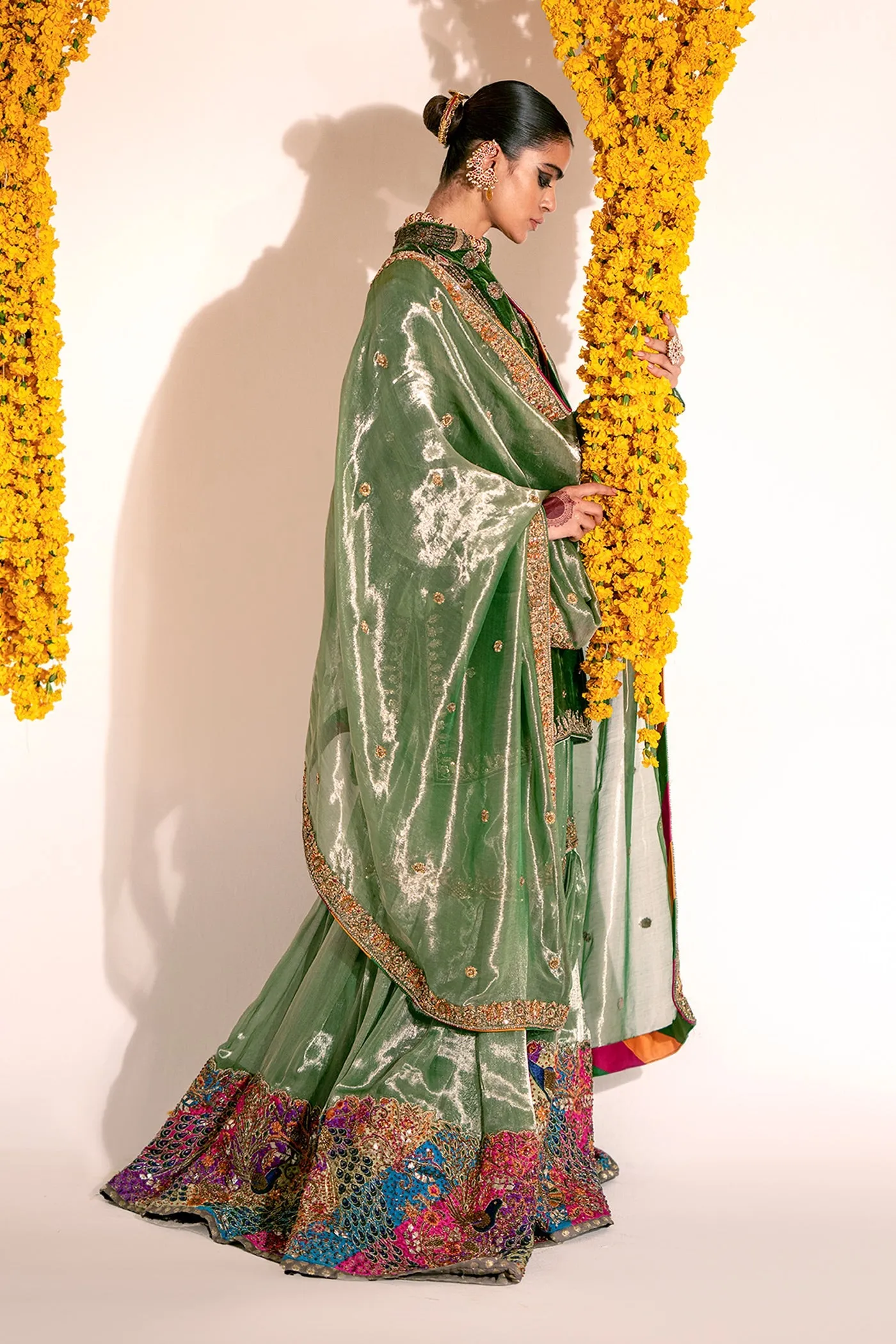 Green Mehndi Dress in Kameez Gharara and Dupatta Style