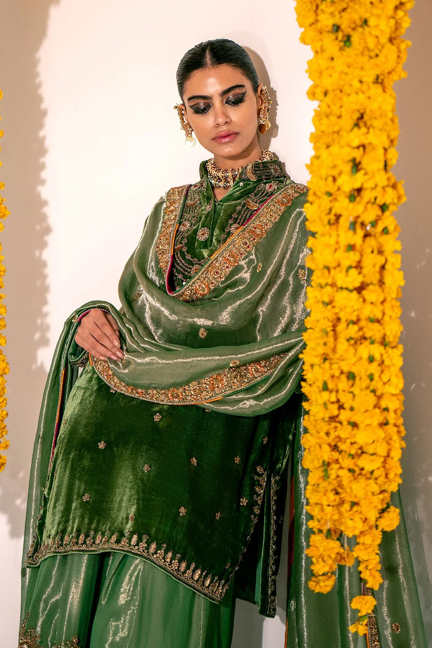 Green Mehndi Dress in Kameez Gharara and Dupatta Style