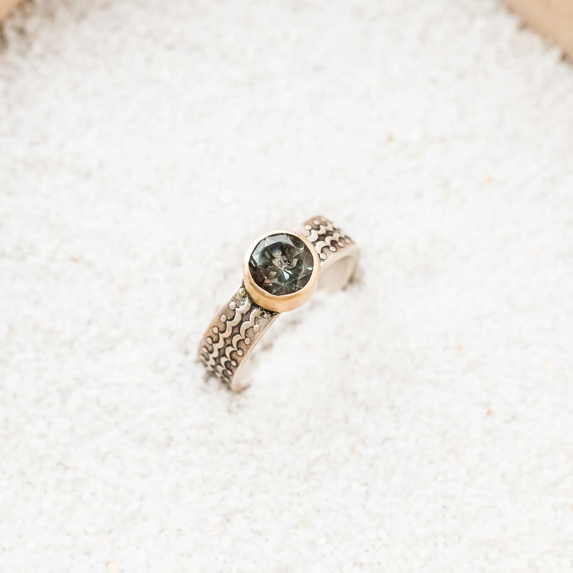 Green Oregon Sunstone Ring with 14k Bezel on Scallop Band
