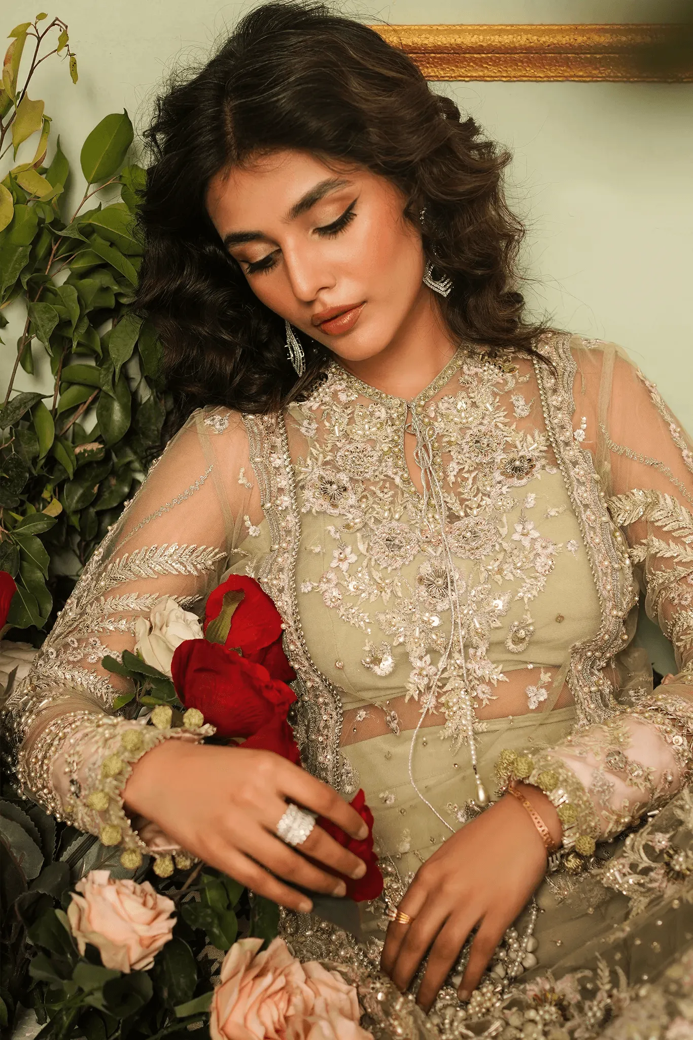 Green Pakistani Wedding Dress in Premium Net Fabric