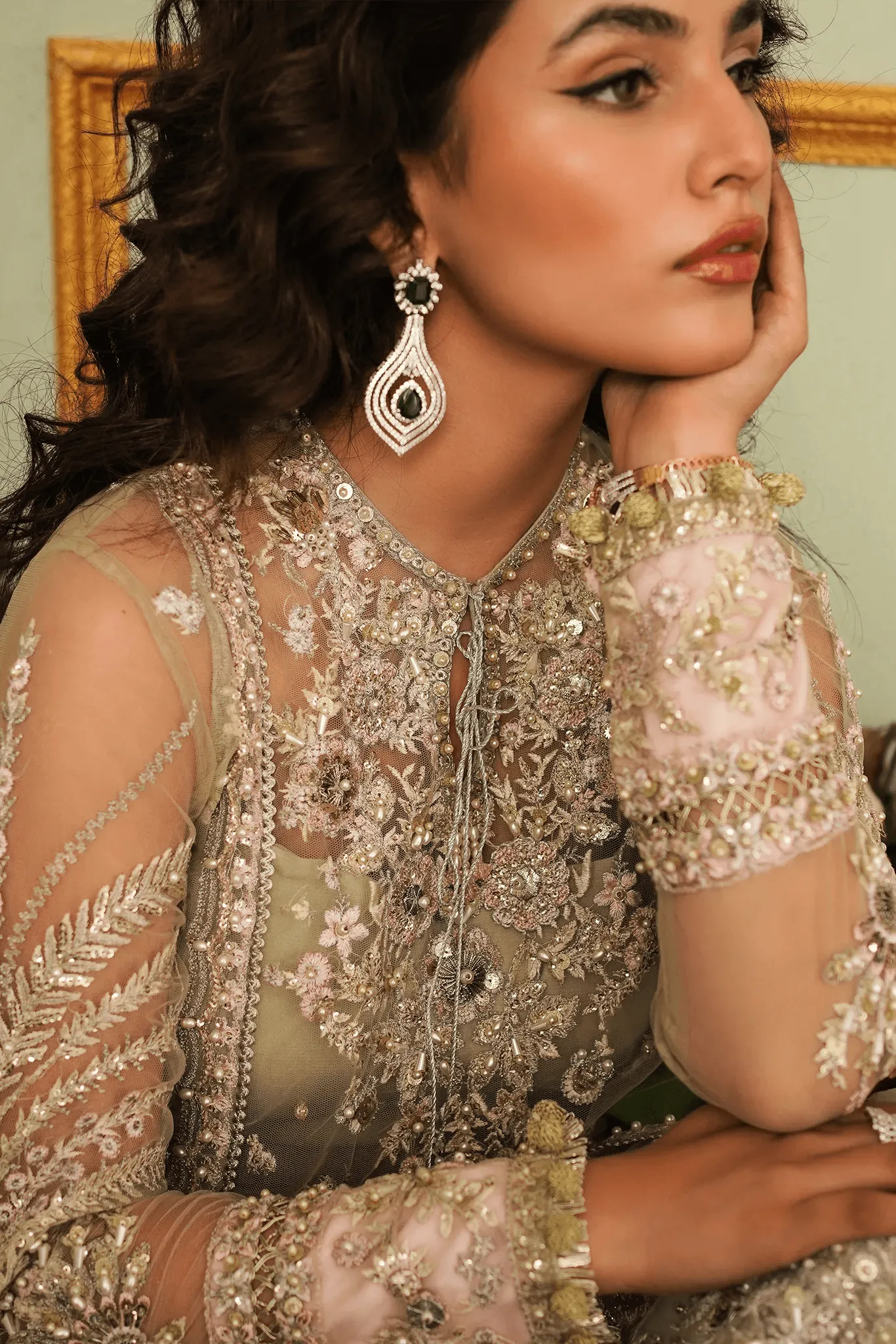 Green Pakistani Wedding Dress in Premium Net Fabric