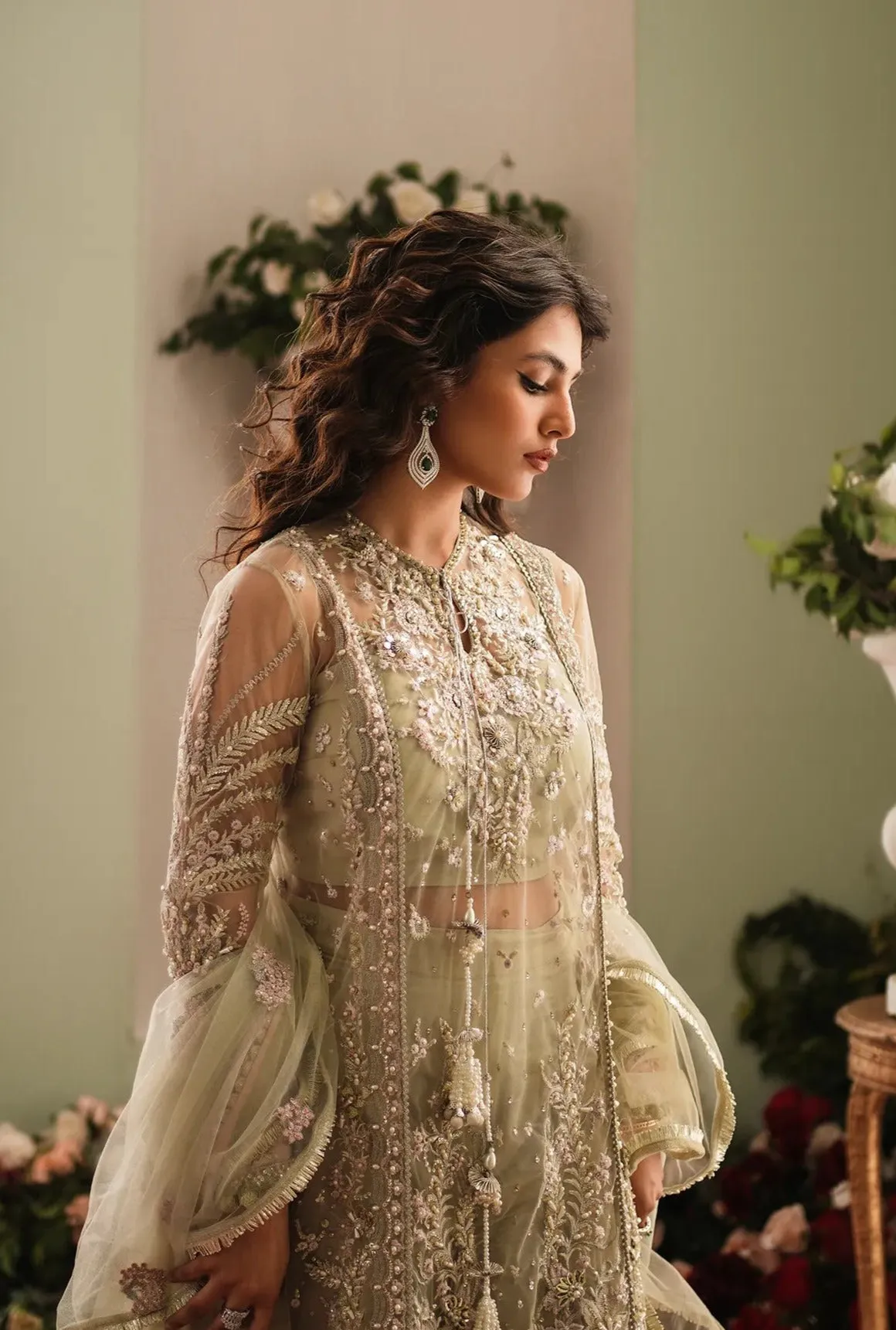 Green Pakistani Wedding Dress in Premium Net Fabric