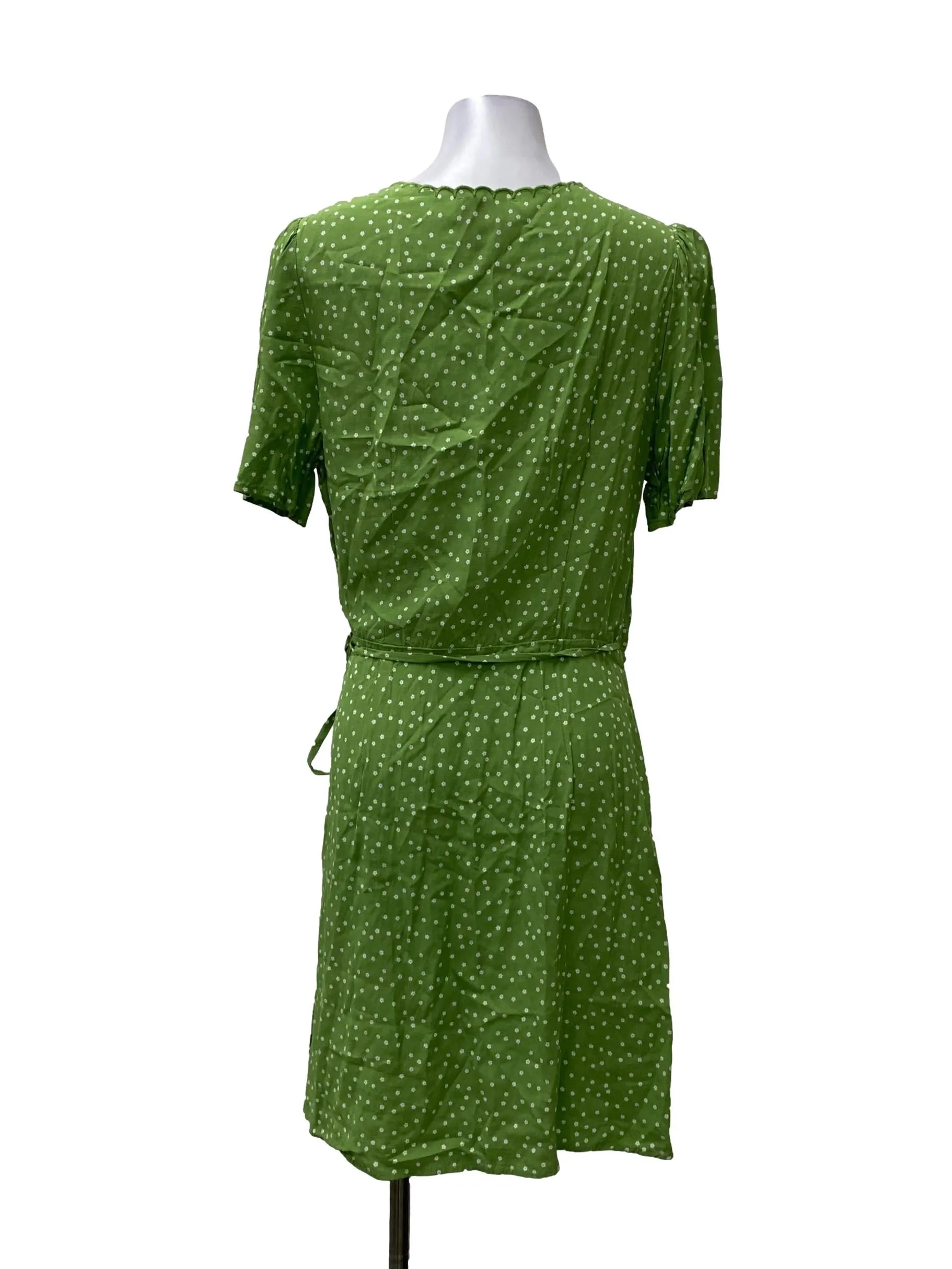 Green With White Floral Prints V-Neck Dress
