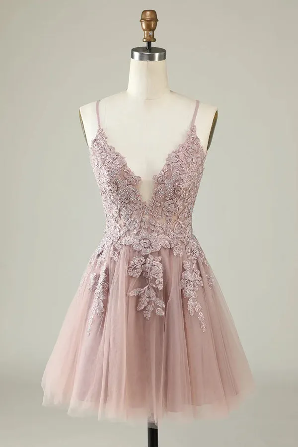 Grey Blue A Line Spaghetti Straps Tulle Short Homecoming Dress TN419