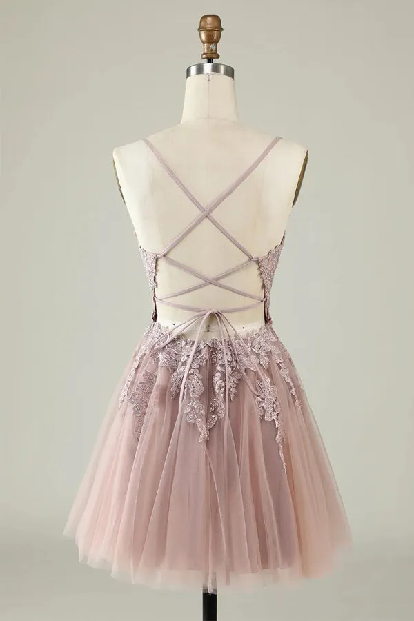 Grey Blue A Line Spaghetti Straps Tulle Short Homecoming Dress TN419
