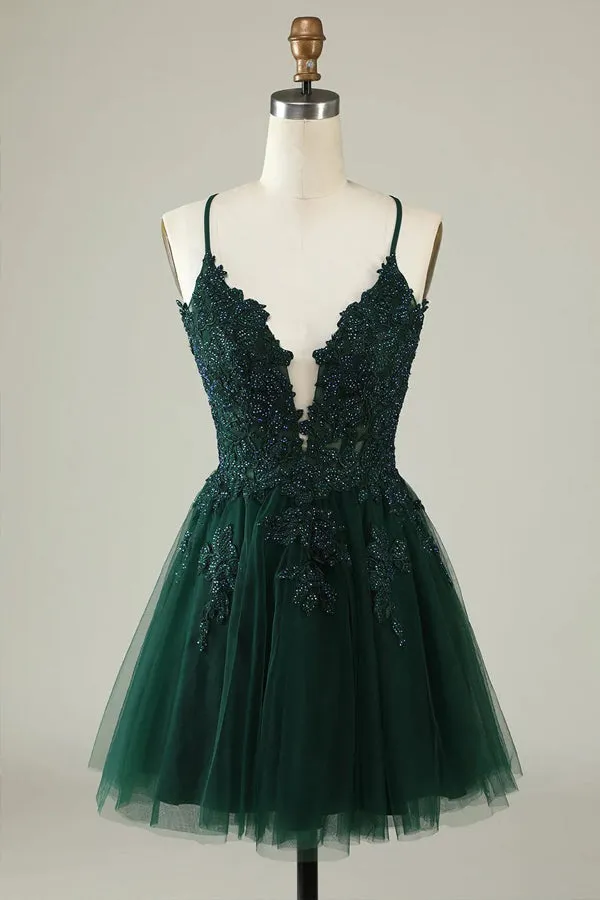 Grey Blue A Line Spaghetti Straps Tulle Short Homecoming Dress TN419