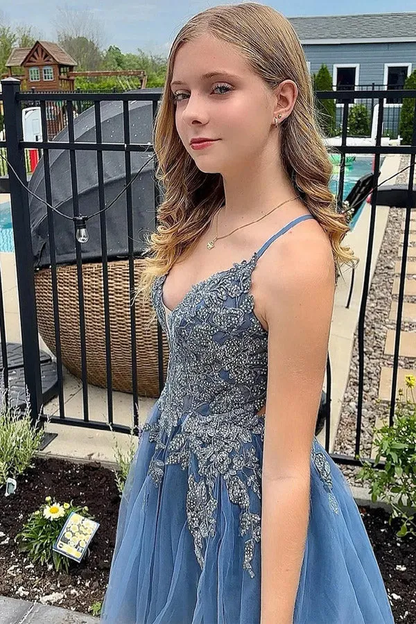 Grey Blue A Line Spaghetti Straps Tulle Short Homecoming Dress TN419