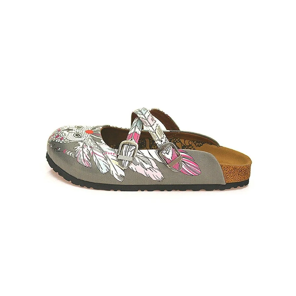 Grey Colored, Colorful Feathers, Owl Patterned Clogs - WCAL133