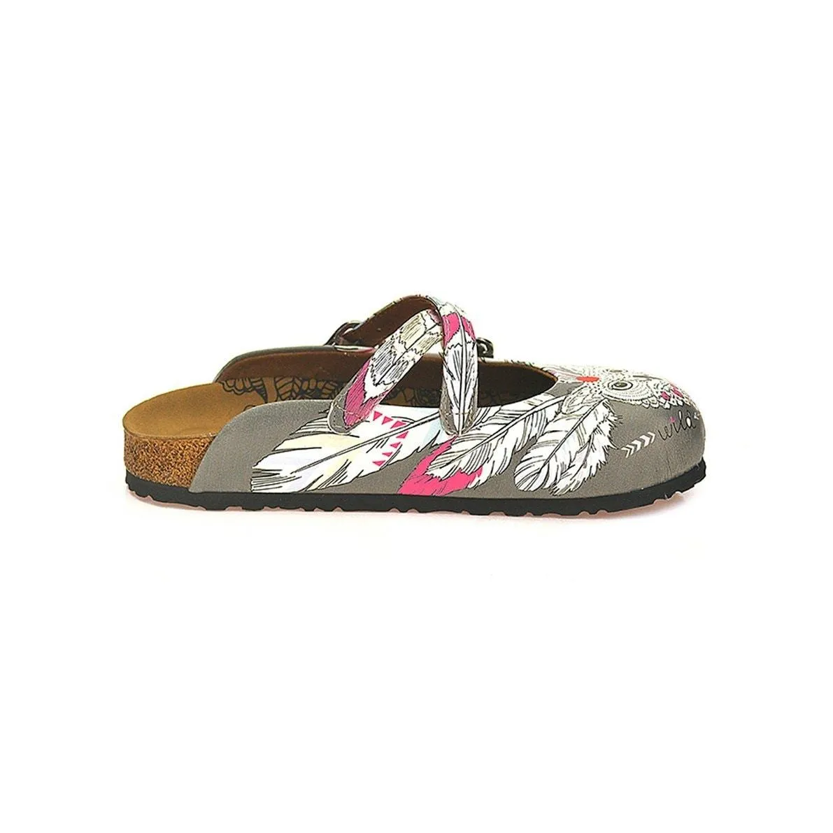 Grey Colored, Colorful Feathers, Owl Patterned Clogs - WCAL133