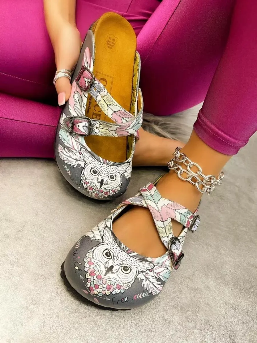 Grey Colored, Colorful Feathers, Owl Patterned Clogs - WCAL133
