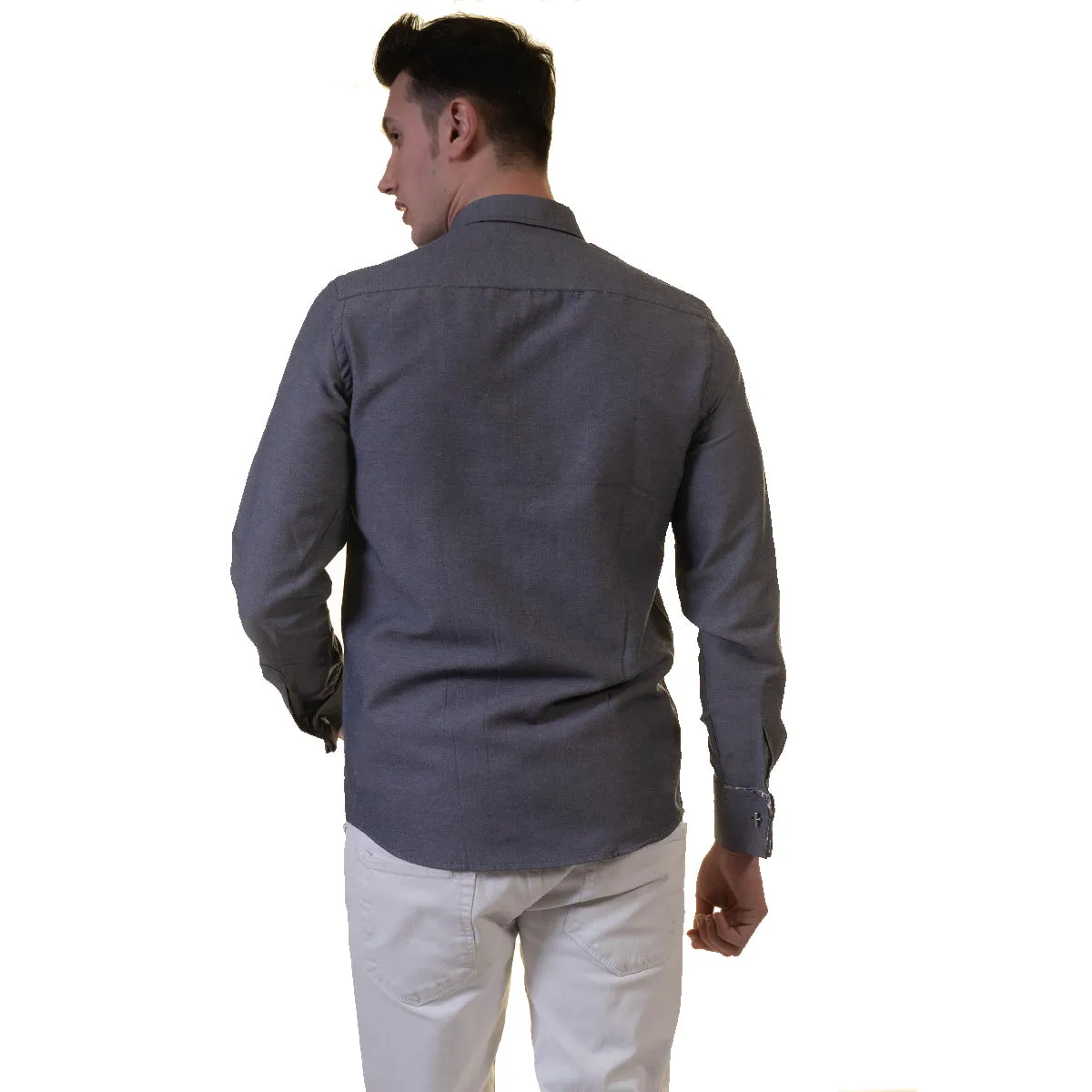 Grey Mens Slim Fit French Cuff Shirts with Cufflink Holes - Casual and Formal