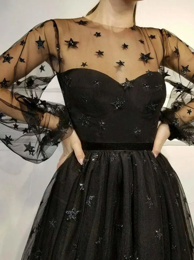 Grey Tulle Long Sleeves Star Homecoming Dress, Short Party Dresses HD0036