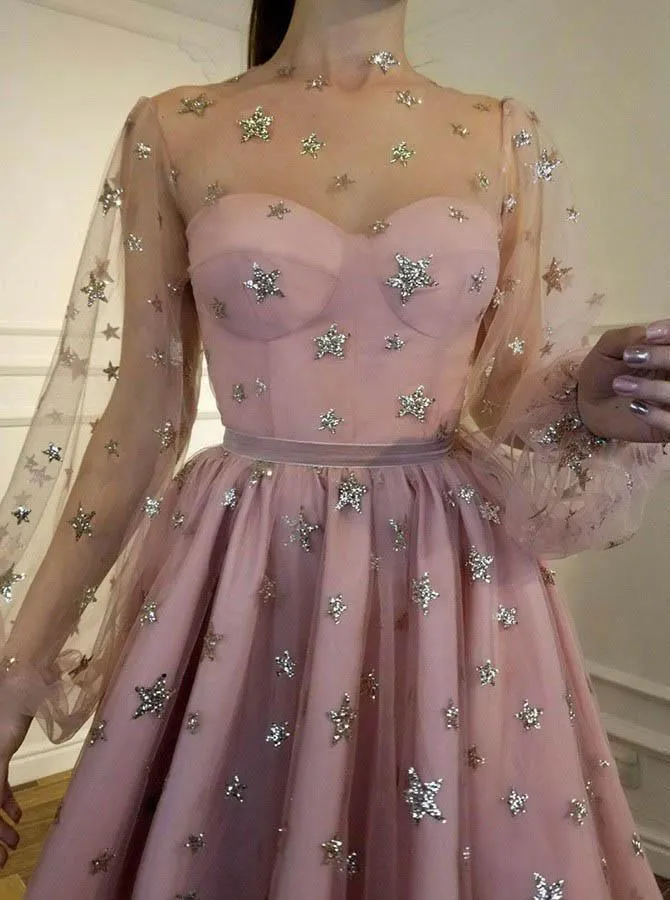 Grey Tulle Long Sleeves Star Homecoming Dress, Short Party Dresses HD0036