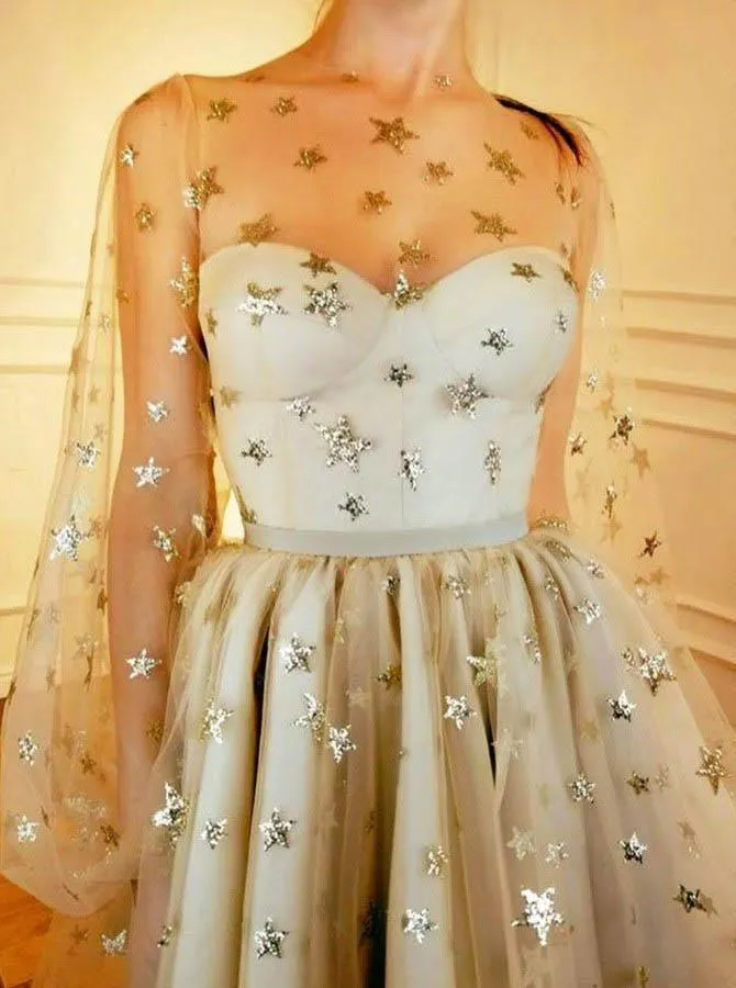 Grey Tulle Long Sleeves Star Homecoming Dress, Short Party Dresses HD0036