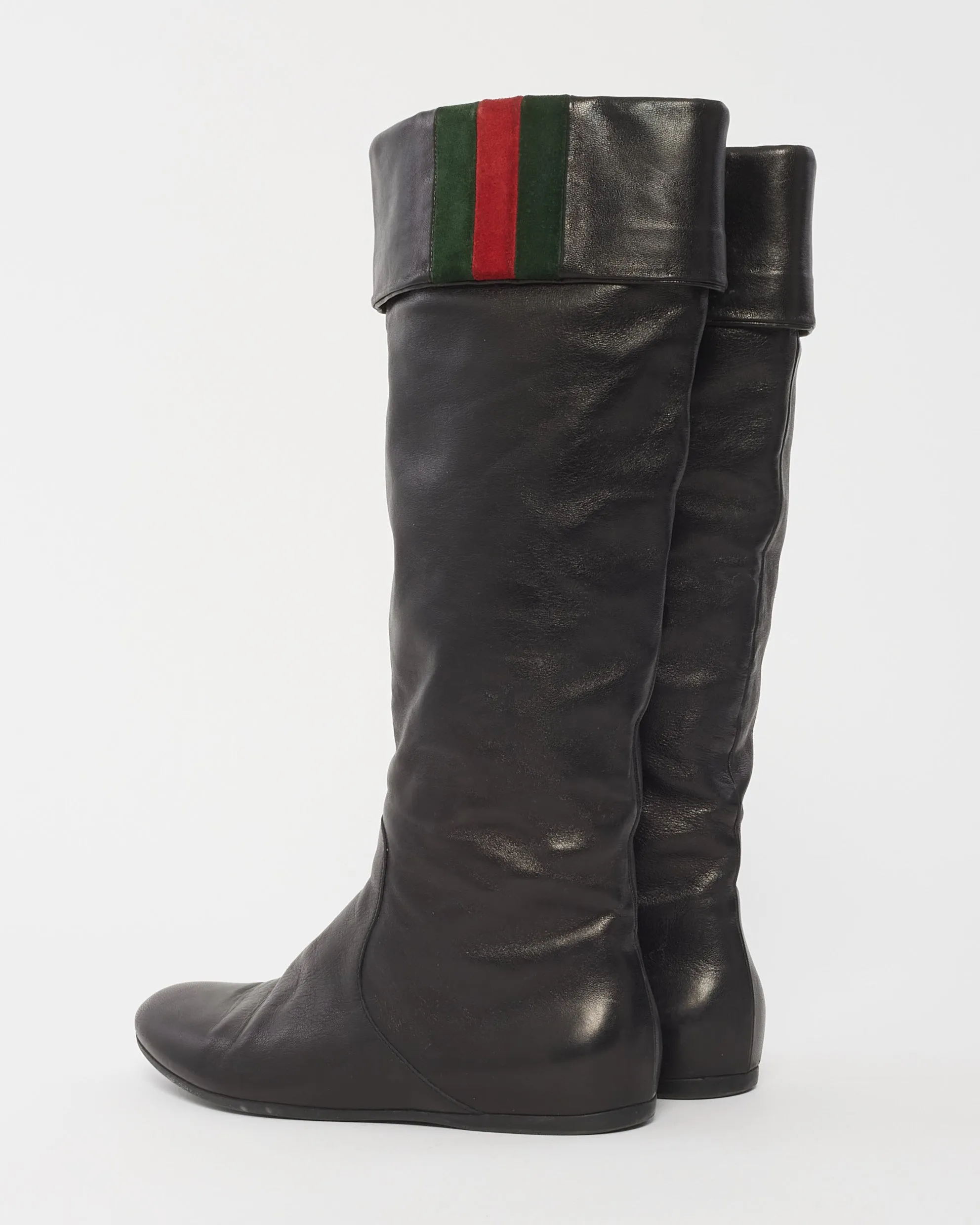 Gucci Black Leather Foldover Web Knee-High Boots -37