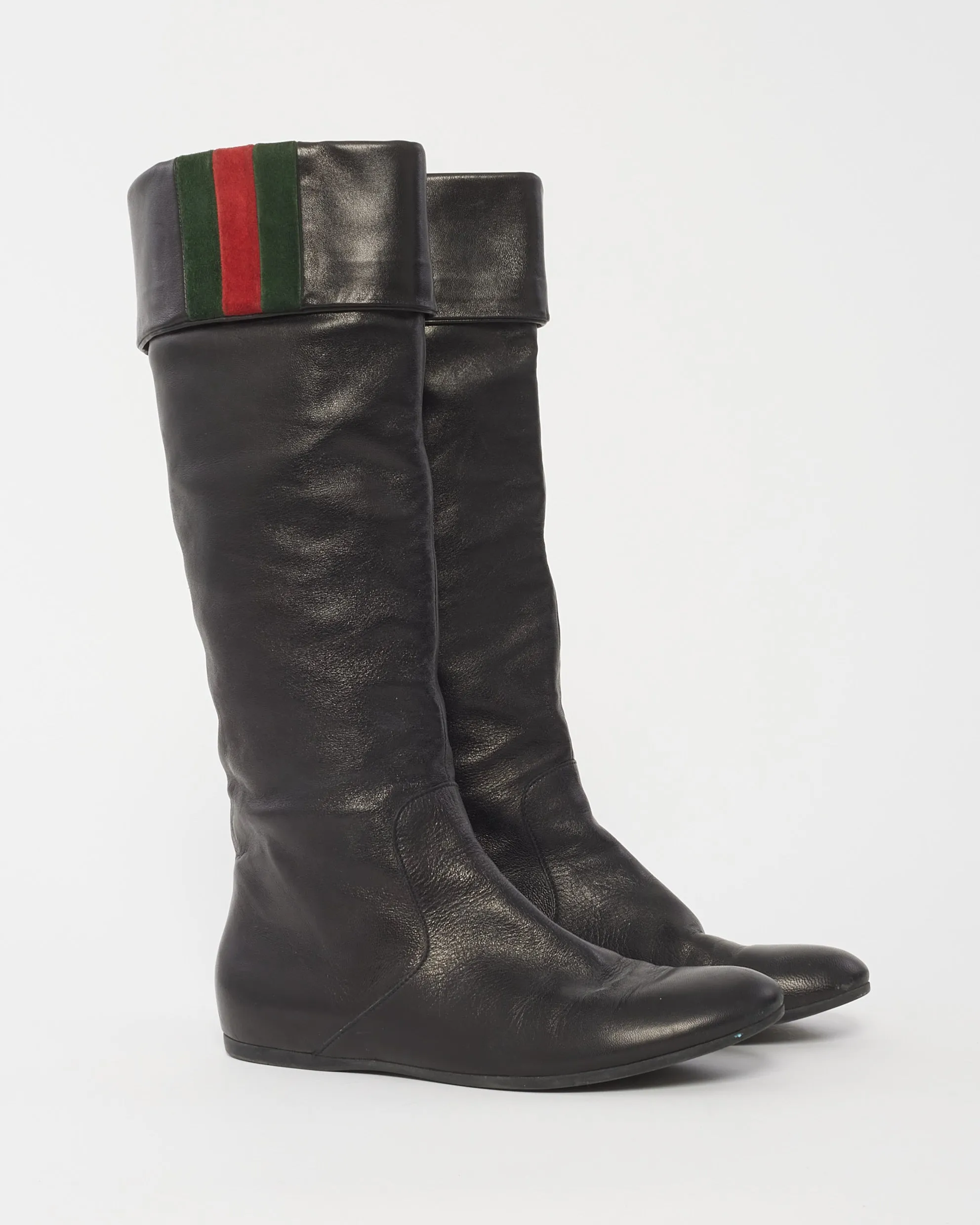 Gucci Black Leather Foldover Web Knee-High Boots -37