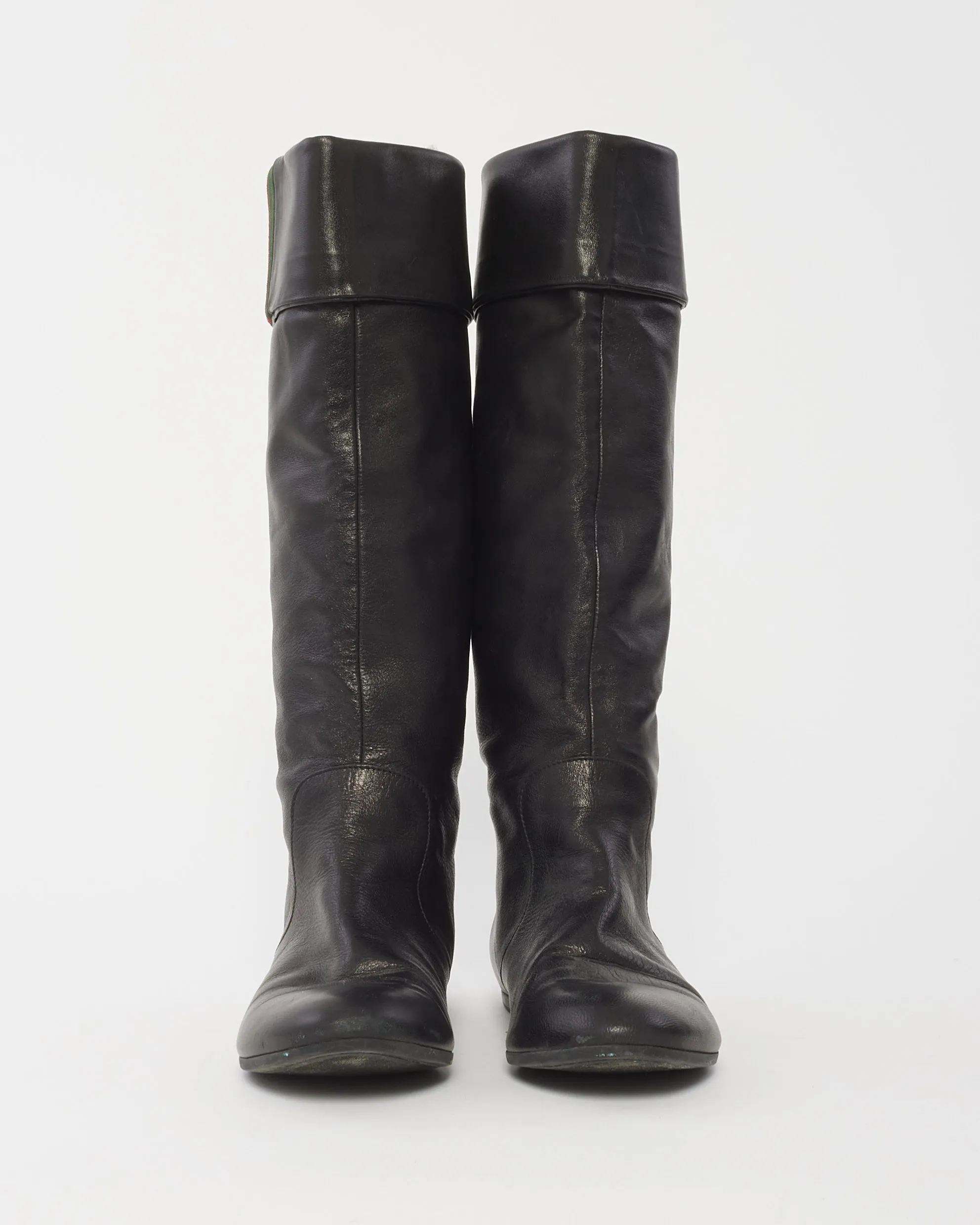 Gucci Black Leather Foldover Web Knee-High Boots -37