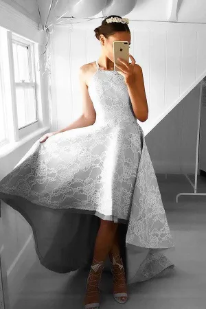 Halter Hi-Lo Floor-Length Sleeveless Grey Prom Dress With Lace TP0082