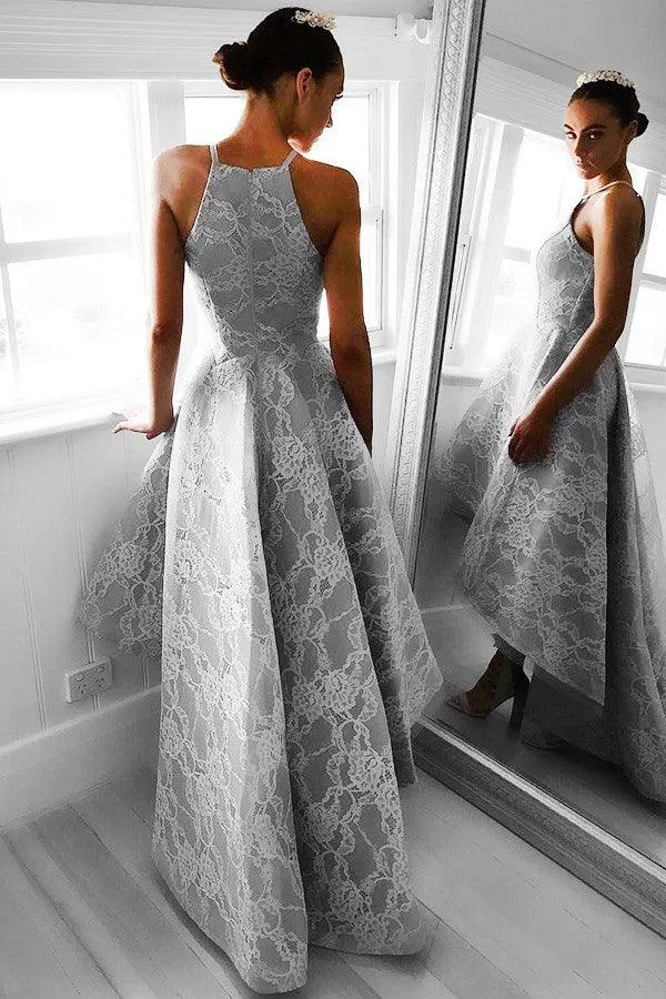 Halter Hi-Lo Floor-Length Sleeveless Grey Prom Dress With Lace TP0082