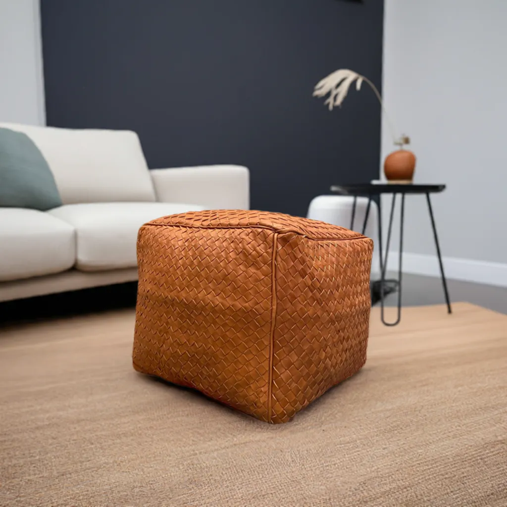 Hand-Braided Moroccan Leather Pouf - Exquisite, Boho Chic, Decor, Seating, Footrest, Genuine Leather, Traditional