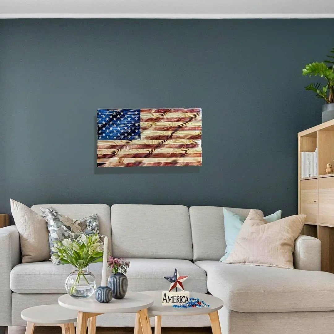 Handmade Wooden Wavy American Flag 13" x 24"