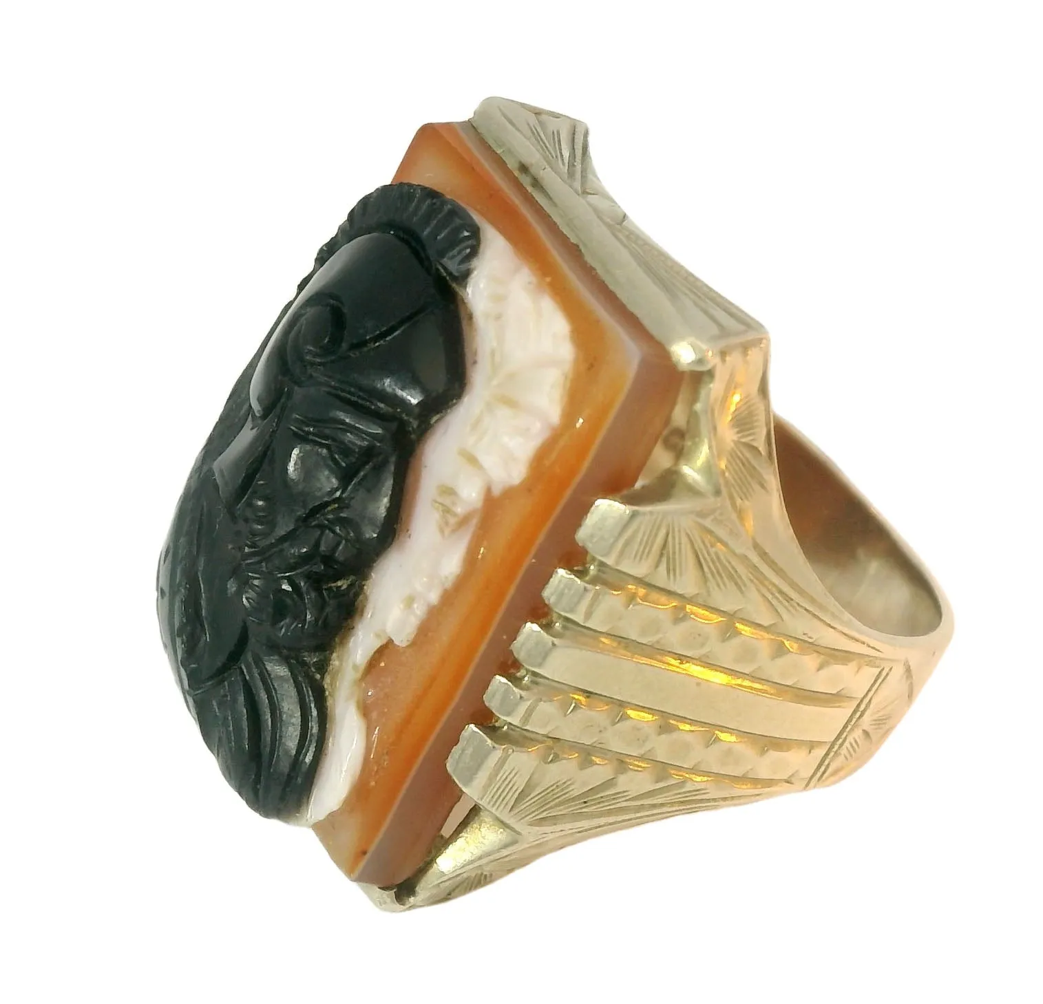 Handsome Estate 10K White Gold Onyx Zeus Pallas Athena Mens Band Ring